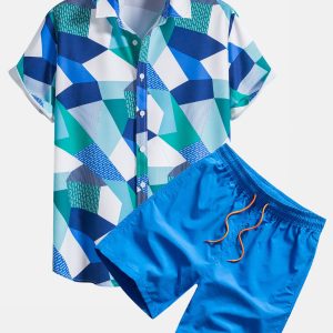01f678669cc3fb615471e74a6acfe7f197e4188a09aa09df270c061cc15bc60d.jpg Color Block Geometric Print Shirt & Swim Shorts