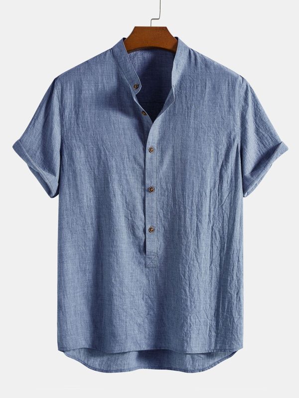 Short Sleeve Half Button Fly Henley Collar Shirt & Linen Cotton Blend 11" Shorts