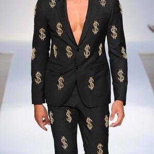112171ef607cb645216de247d0dcd7f1c99c825869625a96c916e9b8f749c6ed.jpg Dollar Pattern Notch Lapel Button Blazer & Pants 2Pcs Set