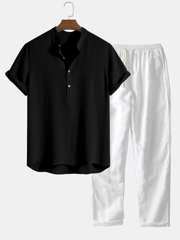 1a29a71238008b7852ac843d1692cb90080b81bfea916d53a02018894a278560.jpg Wrinkled Cotton Half Open Placket Henley Collar Shirt & Straight Leg Linen Pants