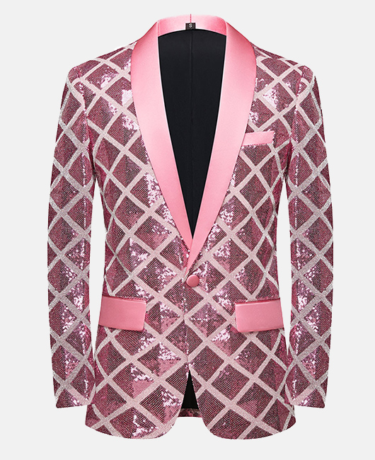 297475579267082d8370e1ed6b85625535dba4ffc911a802da4b31d5e629b04f.jpg Elegant Plaid Sequin Shawl Lapel One Button Slim Fit Blazer