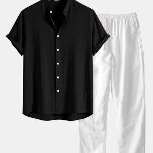 2d589e12d44edc96e2922a1d8a2ed960c43203100dd82e5f5996b50f4befb62e.jpg Linen And Rayon Blend Stand Collar Shirt & Straight Leg Linen Pants