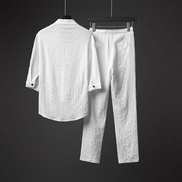 4226ff07db5efe6b0d0b1e3d8b5d67f975a41d947e013b682e0aa9840be55164.png Men's White Ice Silk Linen Two Piece