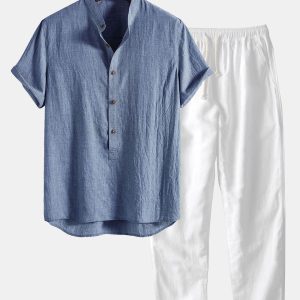 4be7d8ccca684fac71001e0f6717d0790c38acf002a340c671b10ee681d5e820.jpg Short Sleeve Half Button Fly Henley Collar Shirt & Straight Leg Linen Pants