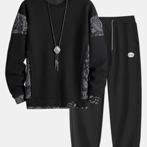 51a826d3f1a2a816c0752798aea9759bf79541f4011f05bff3485afc4e8a2b62.jpg Paisley Print Panel Waffle Sweatshirt & Waffle Jogger Pants