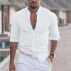 Men's Linen Solid Color Casual Stand Collar Long Sleeve Shirt
