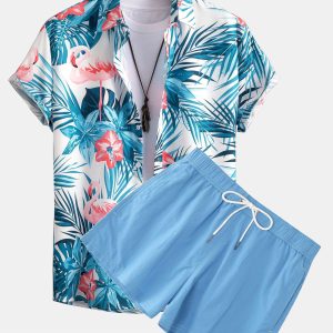 648558d92c1082c74751d9ca726e7ccce2a583a60798da5490a9259d583d5f7a.jpg Flamingo Tropical Print Button Up Shirt & Short Length Swim Shorts
