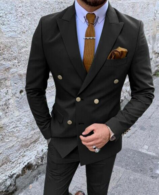 7049dd27624159f7169757a45d912b01cd23fb4378fab6a12447454bdba3fd1a.jpg Business Solid Lapel Collar Double Breasted Blazer & Pants 2Pcs Set