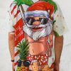 Mens Christmas Santa Surfing Print Front Buttons Soft Breathable Chest Pocket Casual Hawaiian Shirt