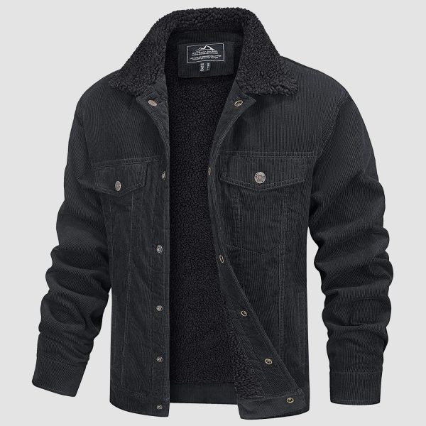 Men's Corduroy Jacket Sherpa Lined Cargo Jackets Cotton Turn Down Collar Winter Warm Casual Work Coat with 5 Pockets