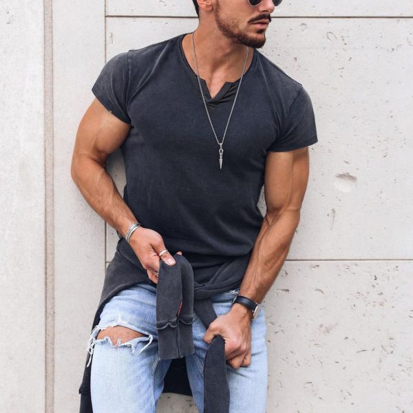 935a2011686c140a37a108a5f3aa12fa045d883c9dc0233ec0c5669cbf317799.jpg Men's V-neck Solid Color Breathable T-Shirt Casual Retro Outdoor Motorcycle Top