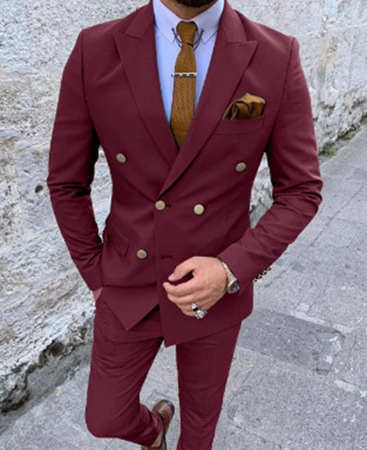 99fa743e7e93f9c461616adf44a2b5ae5ed28a193a49234f8da4d6c502b9dd3d.jpg Business Solid Lapel Collar Double Breasted Blazer & Pants 2Pcs Set