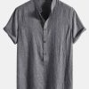 Short Sleeve Half Button Fly Henley Collar Shirt & Straight Leg Linen Pants
