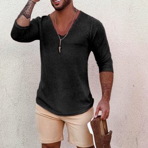 bd0002da0b1ac70ba8afc97876e9ee6f59e25718dec2b28256353c87f3c8d6ba.jpg Men's Deep V Neck Breathable Linen Cotton Mid Sleeve T-Shirt