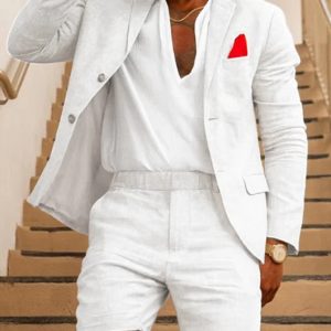 bf50e6859695e09dd7e5f617e1bbf5bcac9f7d47e06970f5f20c9309505b0655.jpg OK Casual Plain Lapel Collar Linen Blazer & Shorts 2Pcs Set