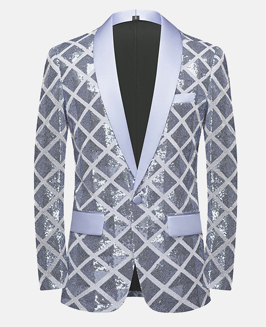 c1445884167ea27781670bf66bea600f7e82e500a4ba457a02b93b878c00d20b.jpg Elegant Plaid Sequin Shawl Lapel One Button Slim Fit Blazer