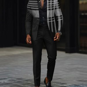 cbe193a6fe6d680bf5bcc03c5e3391947a7986fb11e53a225a0c9914b6b28a22.jpg Fashion Colorblock Plaid Lapel Collar Button Blazer & Pants 2Pcs Set
