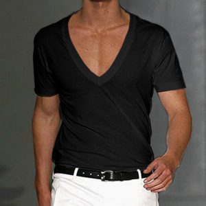 f4ce258fcb1985c1c42a461f658331452ec93052ba6dbf5b6bd1bad7b35ab1f6.jpg Men's Basic White Deep V-Neck Cotton Short Sleeve T-Shirt